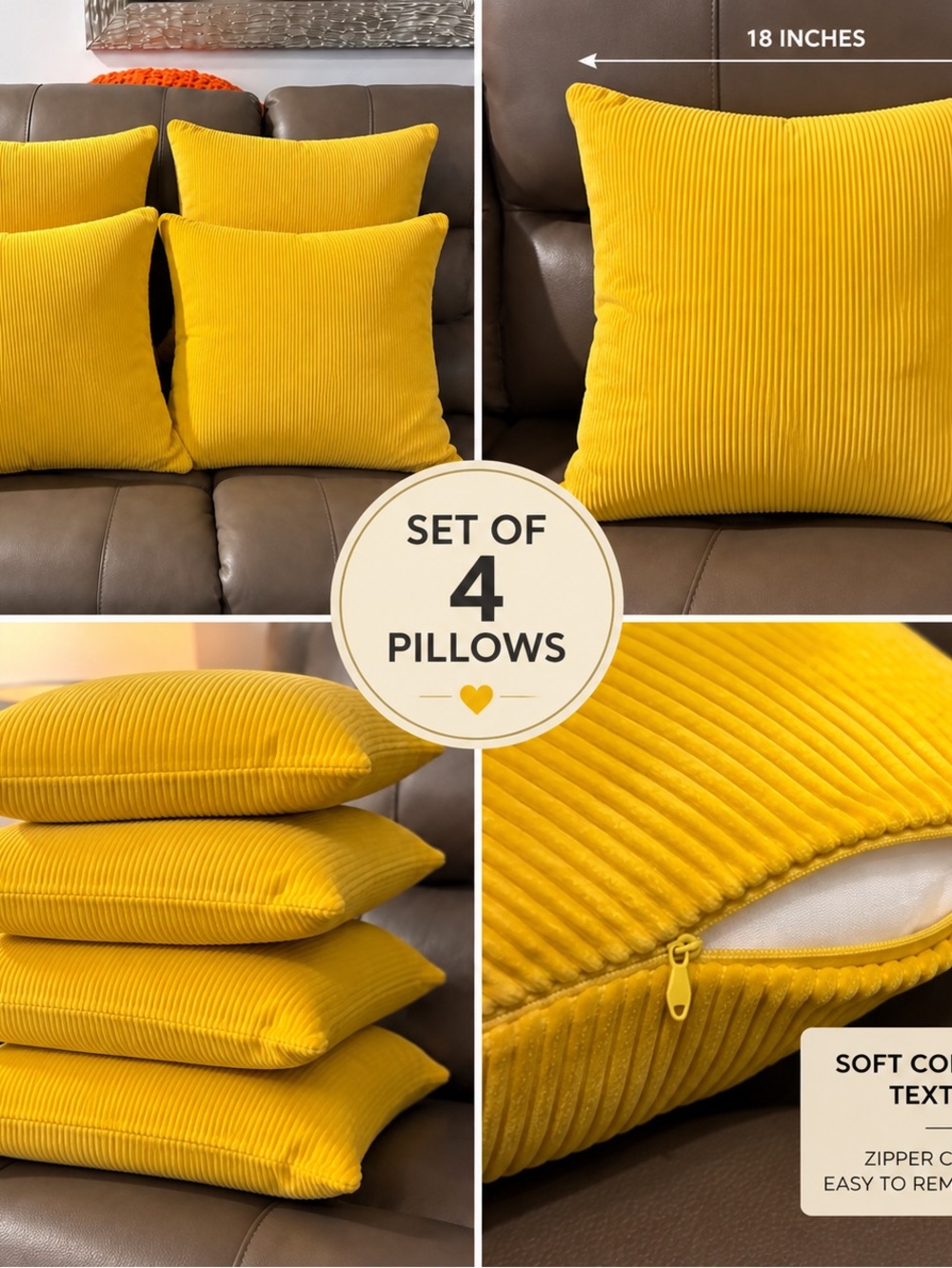 Set of 4 Yellow Corduroy Decorative Throw Pillow Covers - Soft Textured 18in